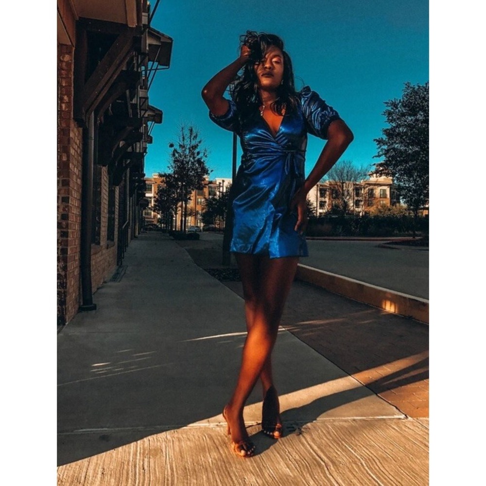 ZARA Puff Wrap Sleeve Dress Blue Metallic Party Holidays Mini ~ Medium New Nwt
